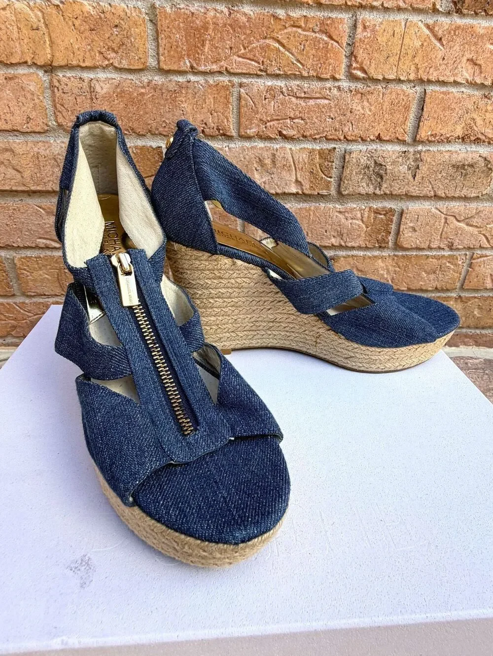 Michael Kors Denim Espadrille Wedge Sandals Gold Zip Front